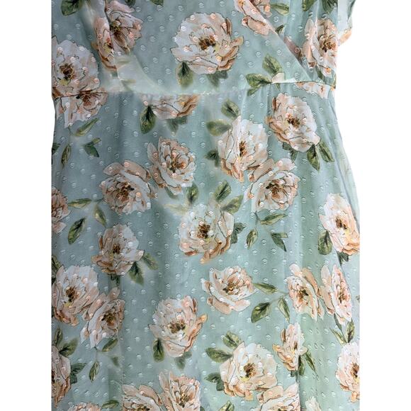 Altar’d State Green Floral Midi Dress Ruffle Sleeve V Neck No Belt - Picture 7 of 10